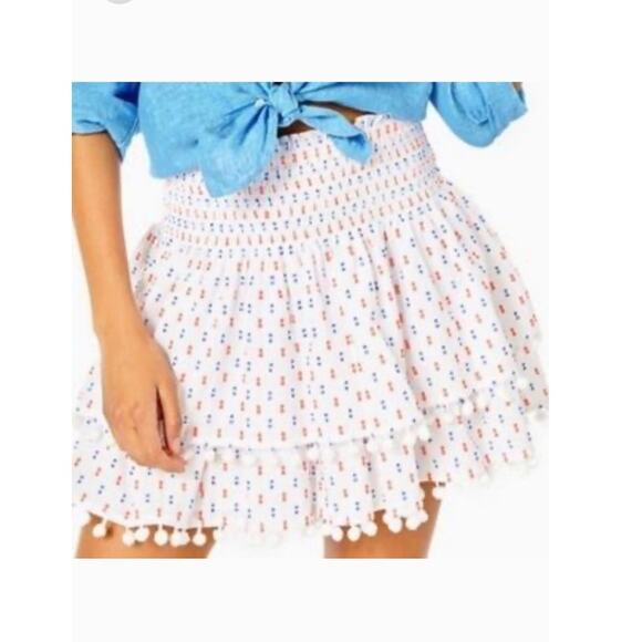 Lilly Pulitzer Ethenia Tiered Smocked Waist Skirt Pom Pom Details XXS Festival - Picture 9 of 9